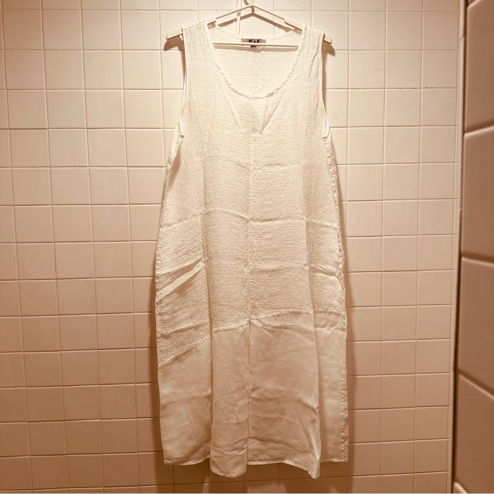 Flax 2 Cream Gauze Linen “Cascading Dress” A-Line Round Neck Asymmetrical Hem
